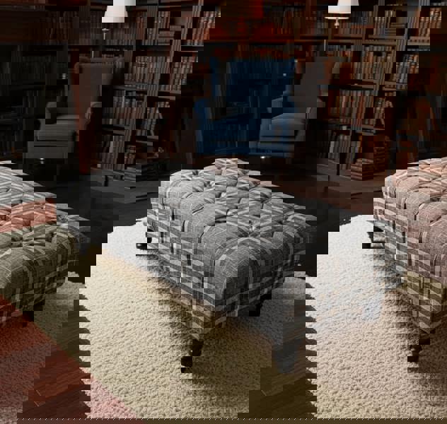 Grey Black Tartan Upholstered Footstool UK – Chesterfield Ottoman Stool - ISTOOLS