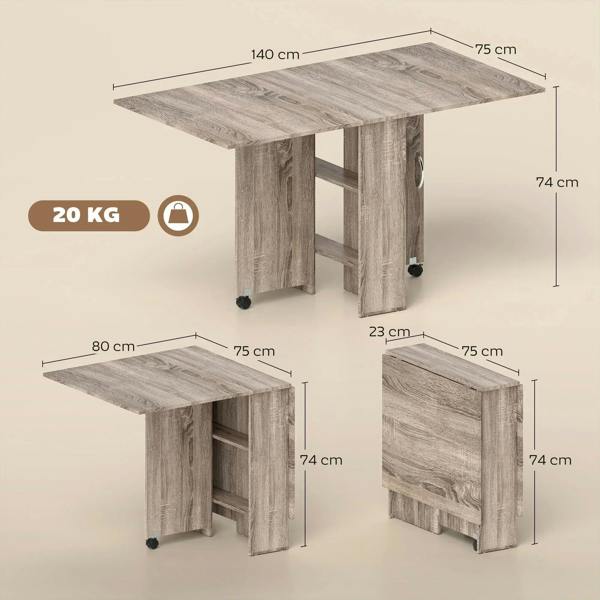 Grey folding dining table with drop leaves and two-tier shelves, size diagram
