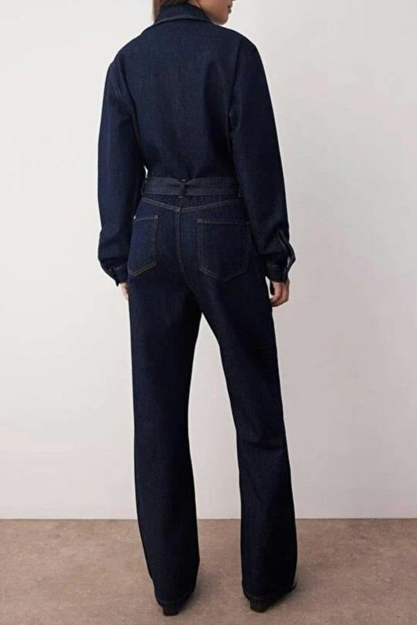 WOVCOR Belted Wide Leg Denim Jumpsuit