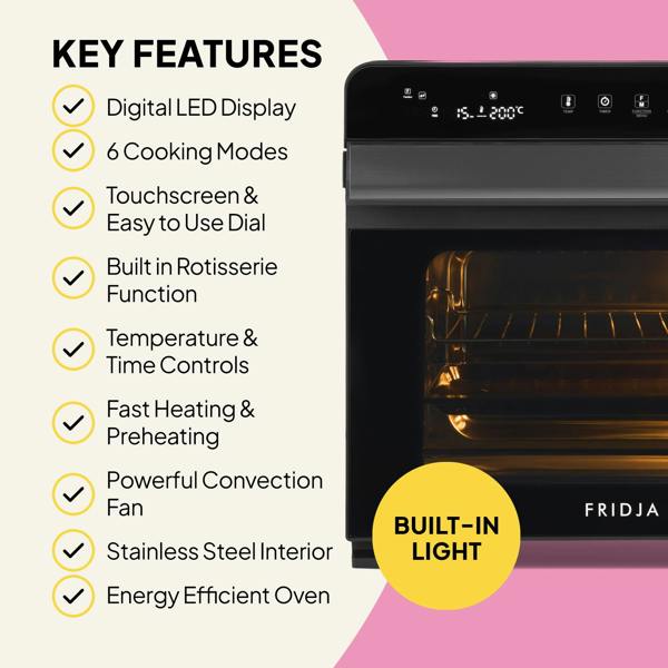 A promo image for the Fridja f77 Super Oven Pro 30L Digital Air Fryer Oven highlights its digital LED display, touchscreen dial, 6 cooking modes, rotisserie function, PFAS-free interior, fast heating, convection fan, and energy efficiency.