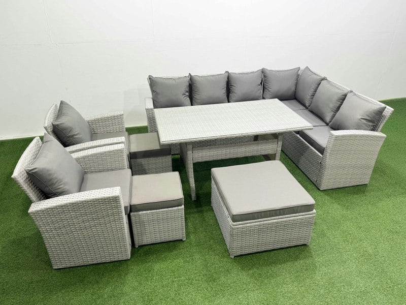 Fimous Rattan Garden Furniture Set Outdoor 11 Seater Patio Dining Corner Sofa Sets with Dining Table Chair 3 Footstools Light Grey Mixed