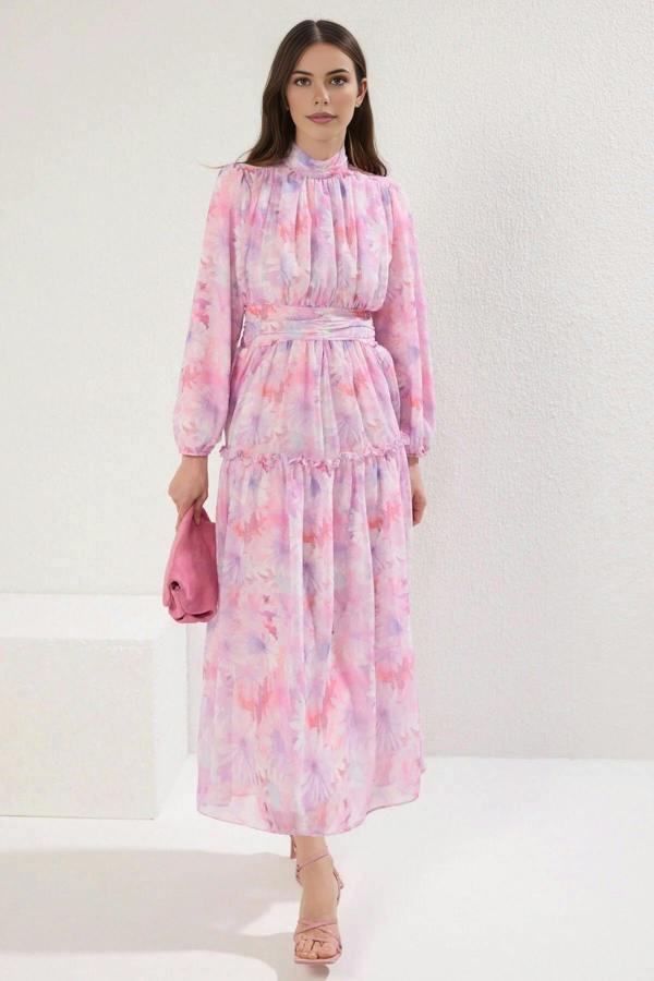 WOVCOR Floral Patterned Lined Chiffon Woven Dress