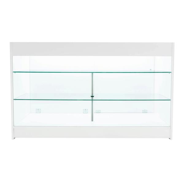 LED retail shop counter K1500 in sleek white with glass shelves, showcasing a modern design and bright interior lighting for product display