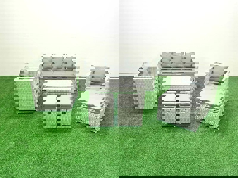 Fimous Rattan Garden Furniture Set 8 Seater Outdoor Garden Sofa Oblong Coffee Table Set with 2 Chairs 3 Stools Light Grey Mixed