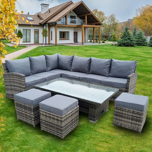 Furniture One 9 Seater Rattan Patio Dining Table Set with Table, Padded Corner Sofa, 3 Stool Outdoor Corner Sofa Set, All-Weather Patio Set