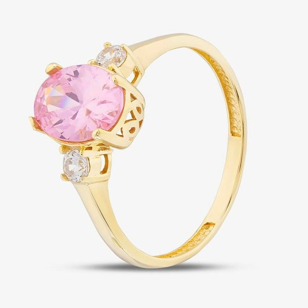 T. H. Baker 9ct Yellow Gold Oval Cut Pink Cubic Zirconia Three Stone Ring RBE045PNK