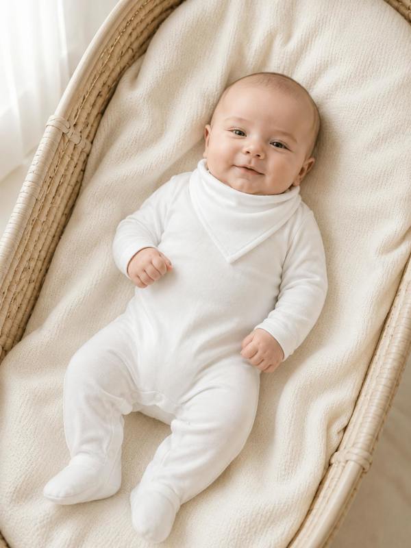 0–3 month old newborn wearing Prima Cotton’s Organic Baby Bib for Sensitive Skin made from 100% GOTS-certified organic Egyptian cotton while resting peacefully in a natural Moses basket.