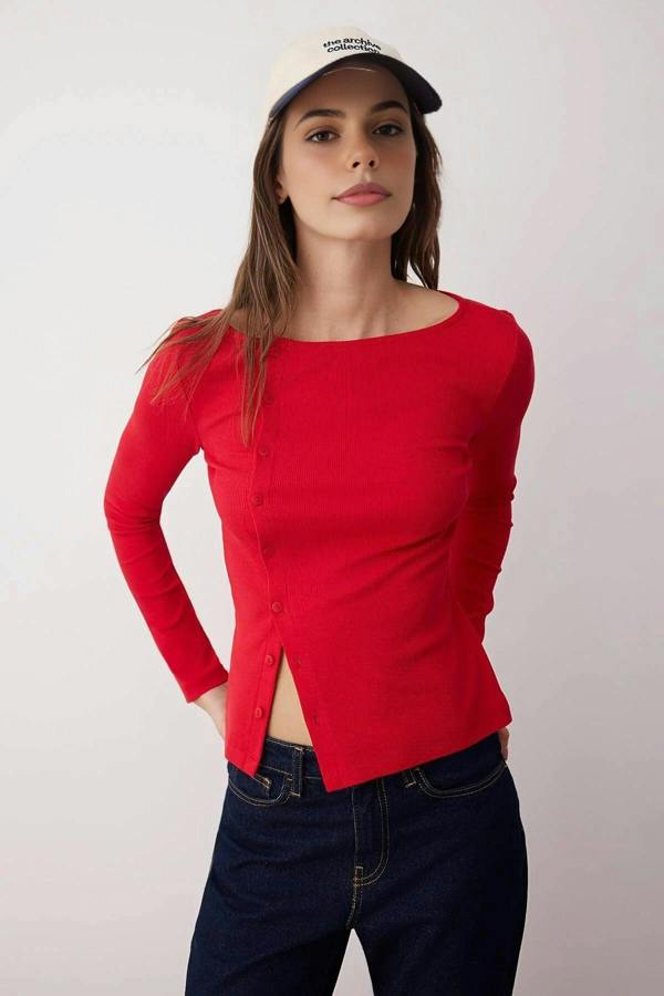 WOVCOR Buttoned Crew Neck Ribbed Flexible Knit Blouse