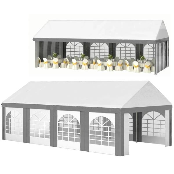 Light grey marquee gazebo with white side walls and arched window panels