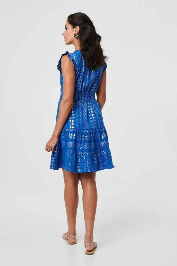 Blue | Metallic Cap Sleeve Short Skater Dress
