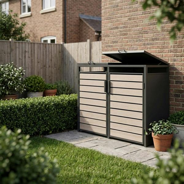 Nicoman Outdoor Metal Garbage Bin Shed with Wood Effect Doors