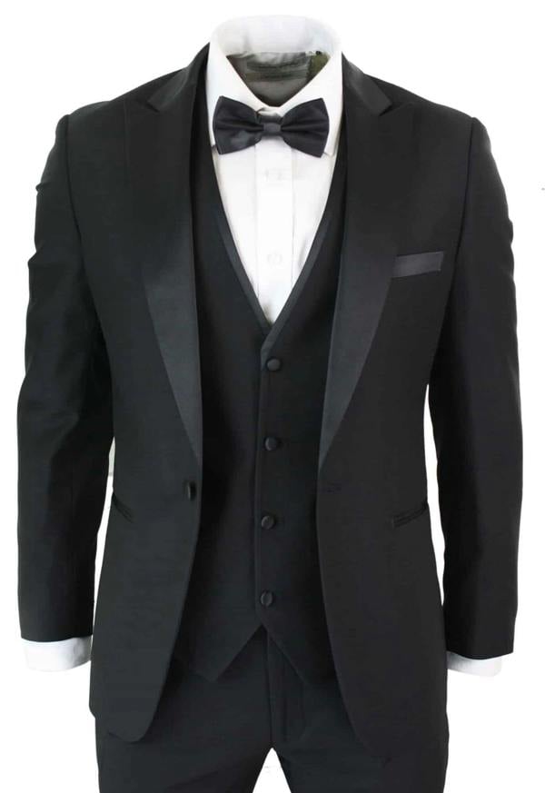 Paul Andrew Mens 3 Piece Black Tuxedo Suit Classic Satin Dinner Tailored Fit Wedding Prom