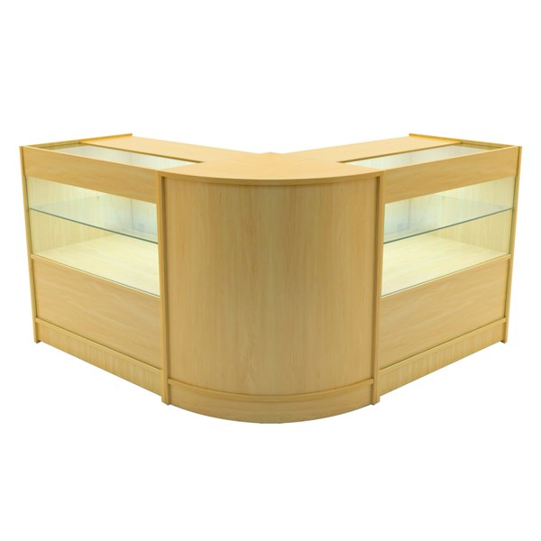 Maple wood Selene LED shop counter set featuring a curved design with glass display shelves, ideal for showcasing products