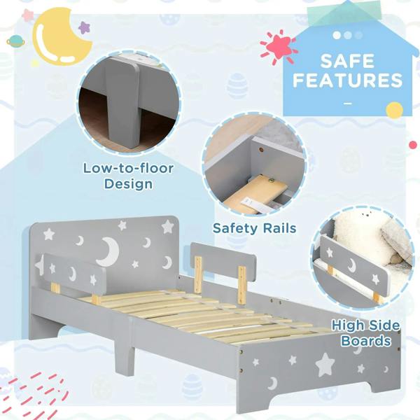 Grey toddler bed with safety rails, high side boards and low-to-floor design