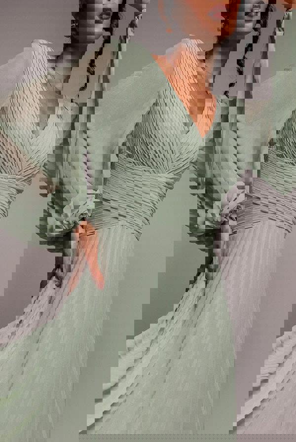 Balloon Sleeve Chiffon Maxi Dress  - Sage Green DR3041QZ