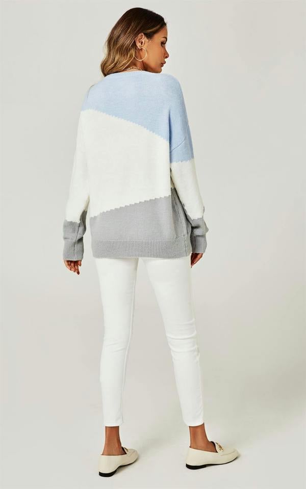 FS Collection Relaxed Grey & White Block Colour Jumper Top In Blue