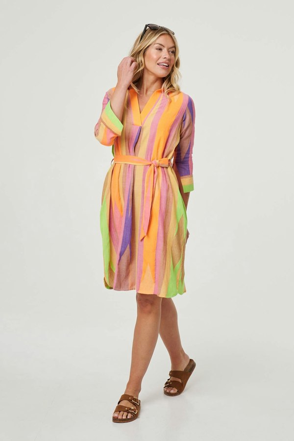 Green | Striped Knee Length Tie Waist Dress
