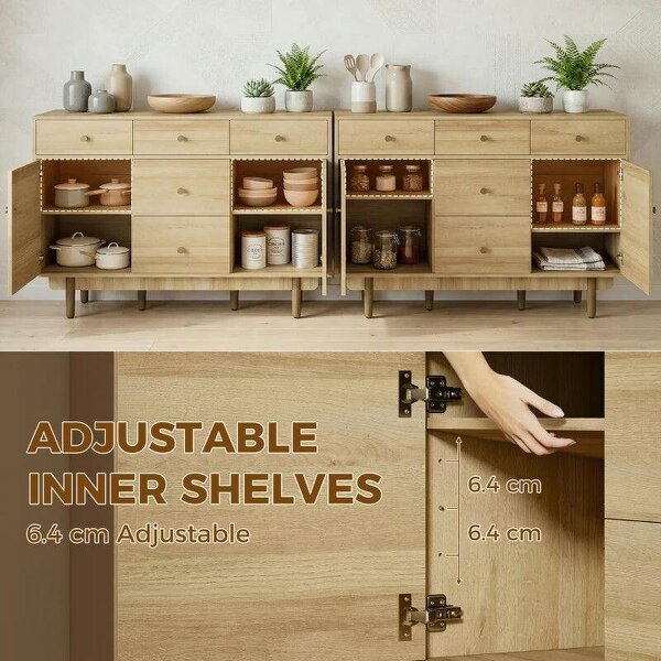 Sideboard with 5 Drawers and 2 Cabinets Buffet Cabinet with Solid Wood Legs 136 cm Walnut