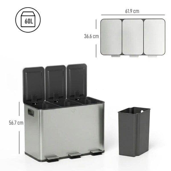 3 x 20L Pedal Bin, Steel Triple Kitchen Bin with Soft Close Lid, Removable Inner Buckets, Fingerprint-Proof, Silver Tone