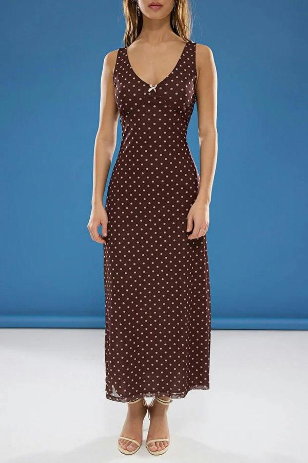 WOVCOR Polka Dot Maxi Tulle Stretch Knit Dress with Bow