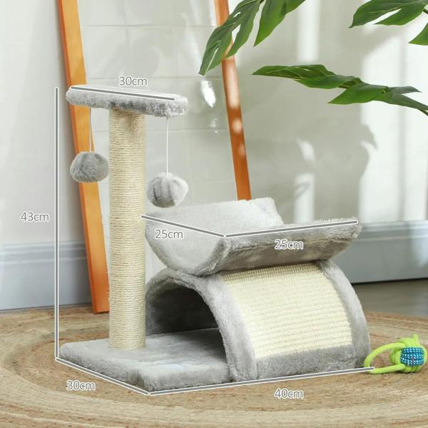 Grey cat tree with tall sisal post, arched ramp perch, tunnel base, and hanging ball