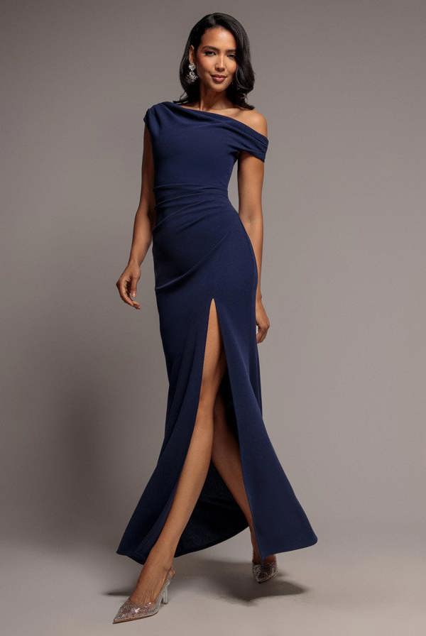 Asymmetric One Shoulder Front Split Scuba Crepe Maxi Dress - Navy Blue DR5200