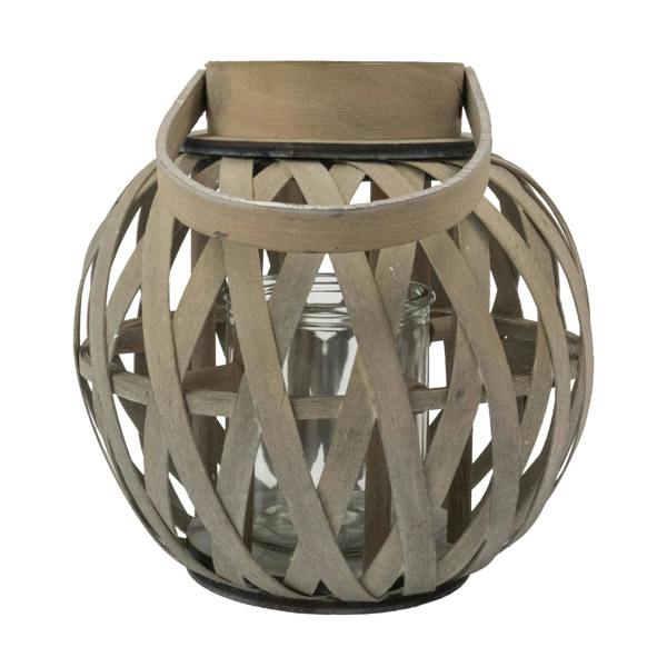 JVL Set of 2 Luna - Natural Round Wood Lantern With Handle, Antique Wash