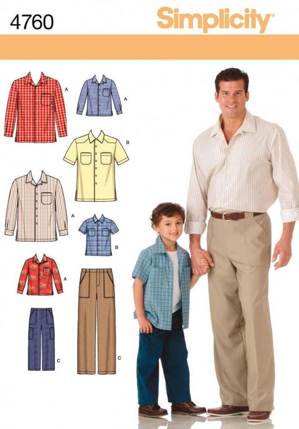 Simplicity Sewing Pattern 4760, Trousers, Shirts for Kids, Men, S-M-L-XL - Intermediate