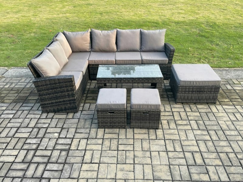 Fimous 9 Seat Rattan Garden Furniture Corner Sofa Set Outdoor Patio Sofa Table Set with 3 Footstools Dark Grey Mixed