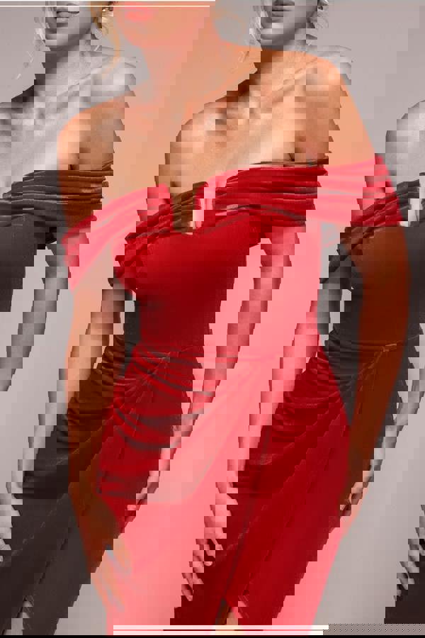 Off The Shoulder Front Split Velvet Maxi Dress - Red DR4318