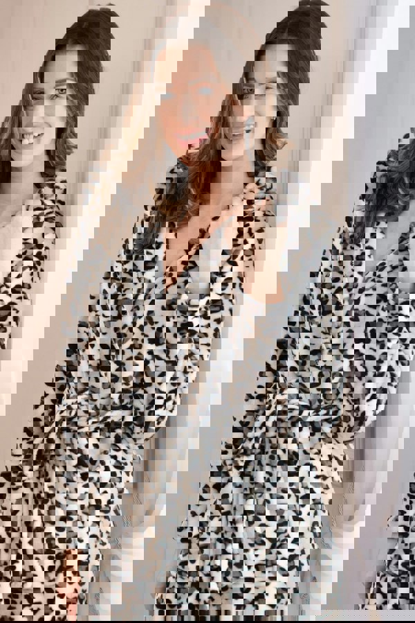 Camille Women's Brown Snow Leopard Supersoft Fleece Hooded Calf Length Bathrobe