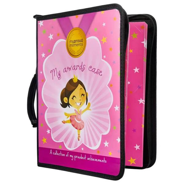 Pink ballerina awards case with black trim and gold accents for proud moments medal