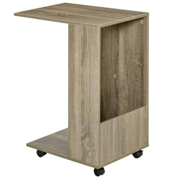 ADOV C Shaped Side Table with Wheels, Industrial Sofa End Table with Open Storage for Living Room and Bedroom