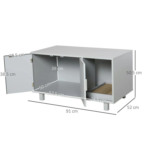Grey wooden cat litter box enclosure on legs with side opening and interior tray space
