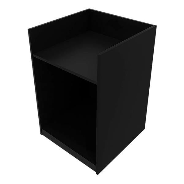 Polaris LED shop counter set in sleek black, featuring a minimalist design with an open shelf and smooth surface for display