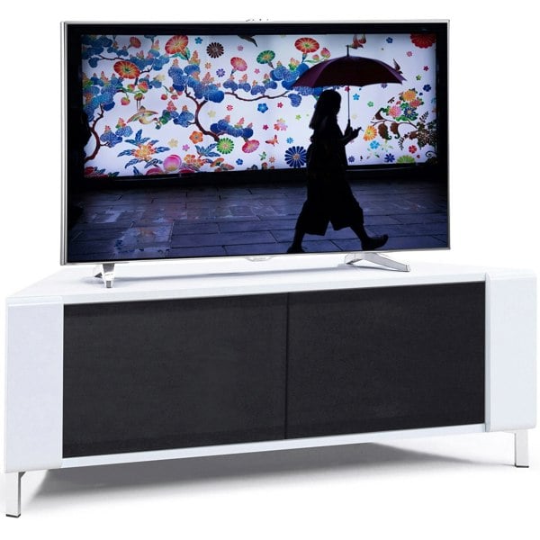 MDA Designs CORVUS Corner-Friendly Gloss White Contemporary Cabinet with White Profiles Black BeamThru Glass Doors for Flat Screen TVs up to 50"