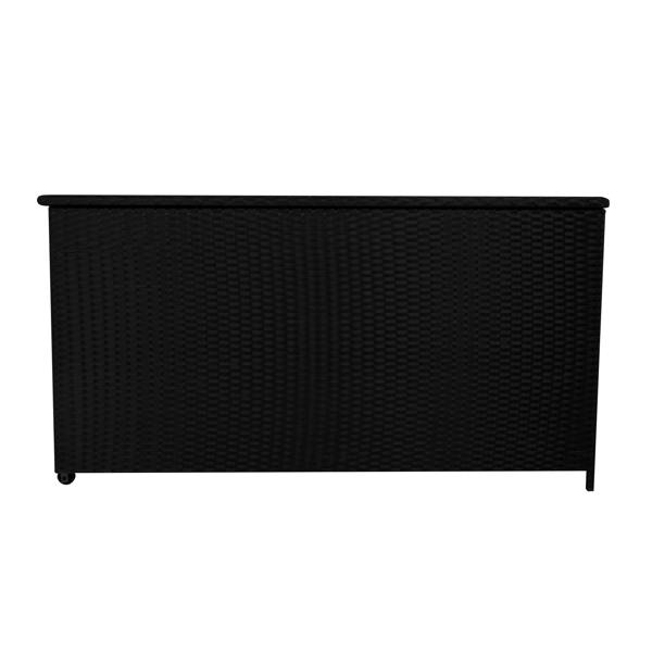 Stylish black rattan cushion storage box with a textured finish, offering 700L capacity and a sleek, modern design for outdoor use