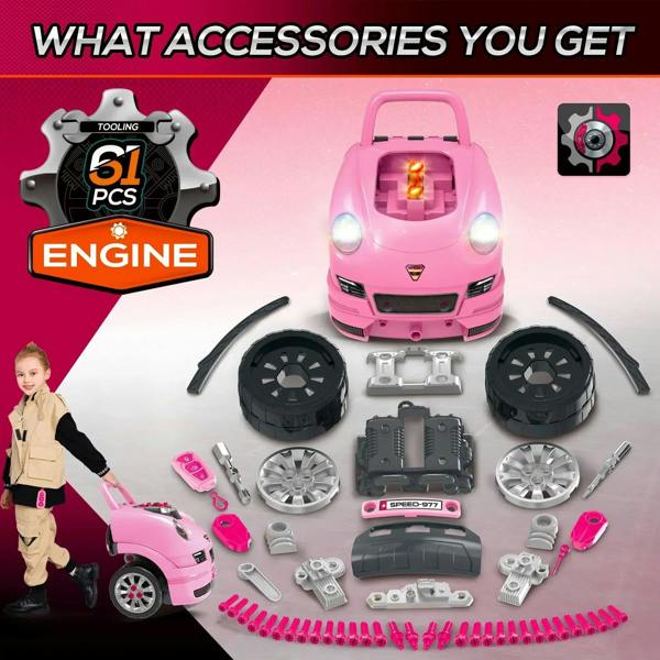 Pink toy truck car with engine and many included accessory parts laid out around it.