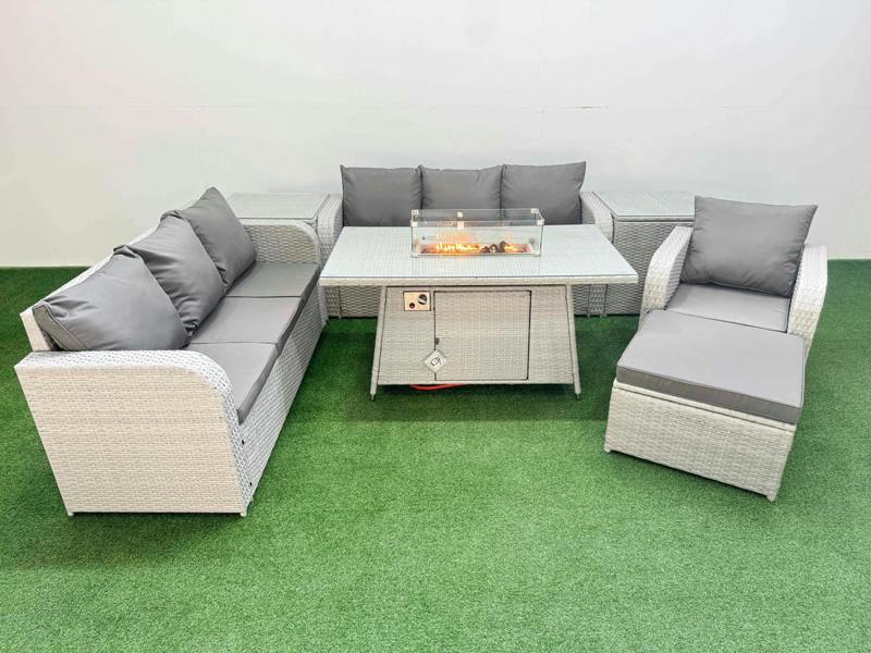 Fimous 8 Seater Poly Rattan Garden Furniture Patio Set, Firepit Table, 2x 3 Seater Sofas, Reclining Chair, Big Footstool, 2 Side Table, Light Grey