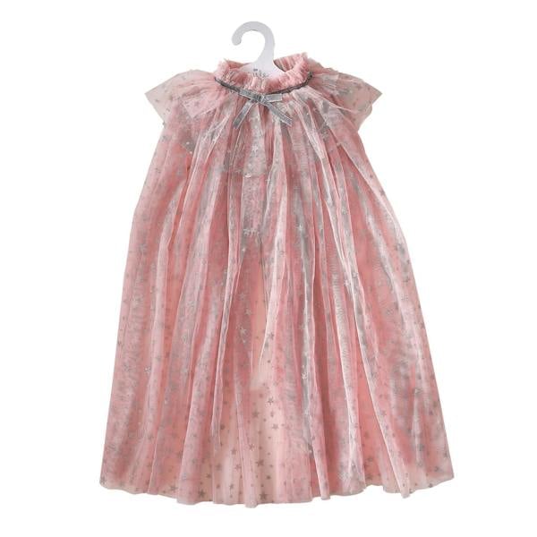 Pink tulle fairy dress-up cape with silver glitter stars hanging on a white clothes hanger.