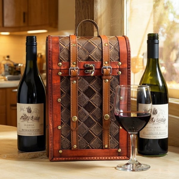 Wine bottles, a glass of red wine, and a decorative wooden wine carrier on a table.