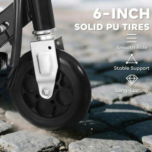 Black e-scooter front wheel with solid tire and metal fork.