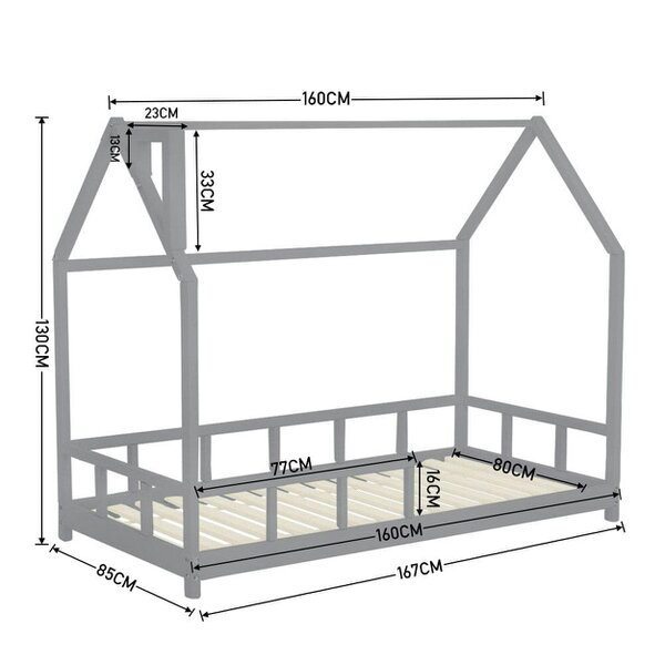 Living and Home 80X160CM Grey Wooden Single House Bed for Kids