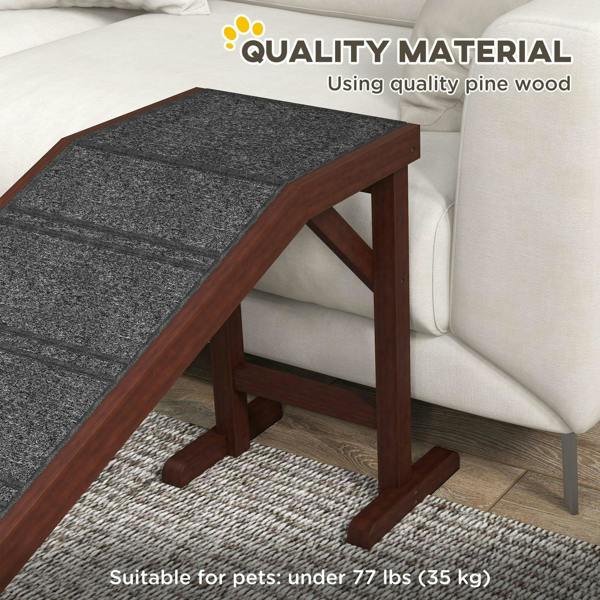 Brown dog ramp with grey textured traction mat for safer climbs
