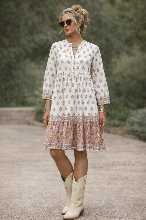 Bella Cream and Pink Wood block printed cotton voile dress