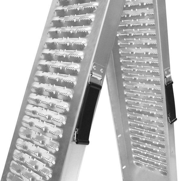 Durable aluminum foldable motorbike ramp featuring a textured surface for grip, with sturdy handles for easy transport and storage