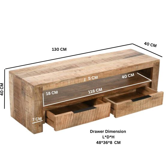 Wyld Haus London Natural Mango Wood TV Cabinet with 2 Drawers and 1 Shelf