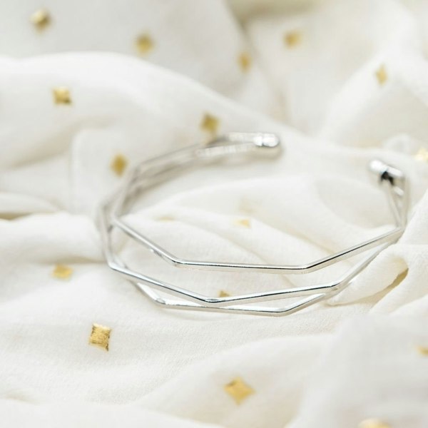 The Colourful Aura Adjustable Three Layer Silver Twist Angle Geometric Open Cuff Bangle Bracelet