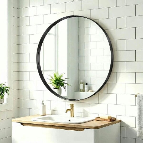 Round Wall Mirror 61 cm, Wall Mounted Bathroom Mirror with Tempered Safety Glass and Aluminium Alloy Frame, Black