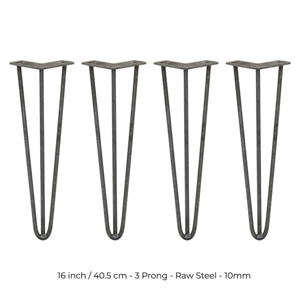 SkiSki 4 x 16" Hairpin Legs - 3 Prong - 10mm - Raw Steel